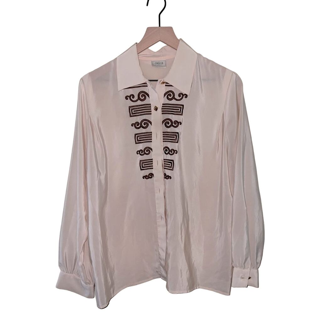 VINTAGE GREGE PARIS sheer silk parisian quiet luxury embroidered blouse L